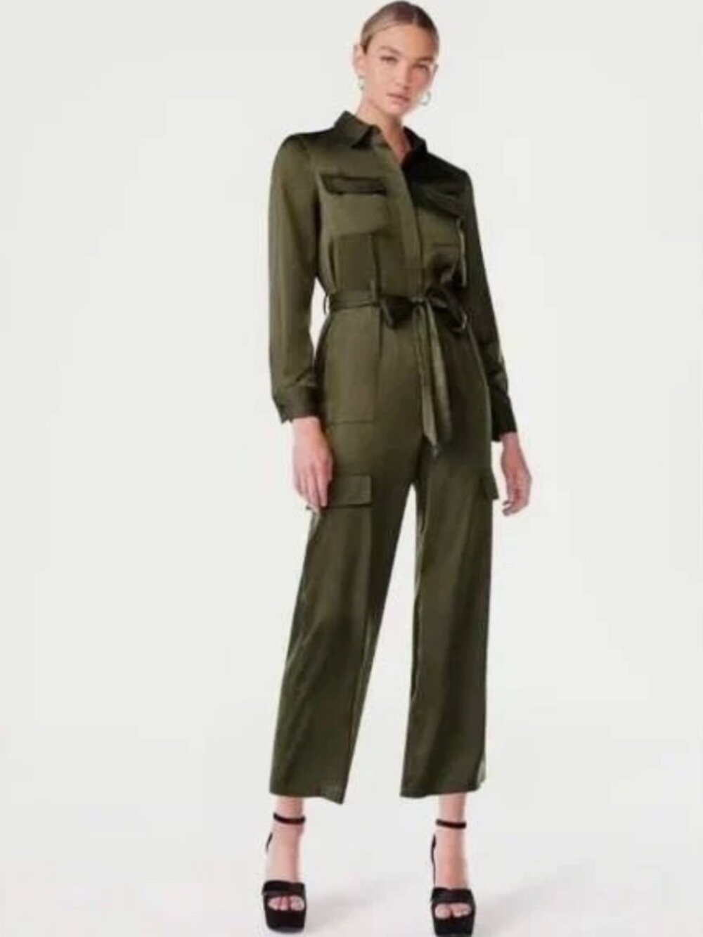NWT Scoop Olive Satin Wide Leg Cargo Jumpsuit | Utility Luxe | Sz Medium